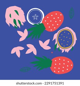 Appetizing fruit and berries collection. Decorative abstract horizontal banner with colorful doodles. Hand-drawn modern illustrations with fruit and berries, abstract elements. Abstract series