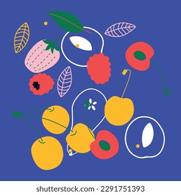 Appetizing fruit and berries collection. Decorative abstract horizontal banner with colorful doodles. Hand-drawn modern illustrations with fruit and berries, abstract elements. Abstract series