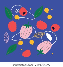 Appetizing fruit and berries collection. Decorative abstract horizontal banner with colorful doodles. Hand-drawn modern illustrations with fruit and berries, abstract elements. Abstract series