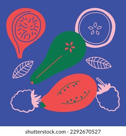 Appetizing fruit and berries collection. Decorative abstract horizontal banner with colorful doodles. Hand-drawn modern illustrations with fruit and berries, abstract elements. Abstract series
