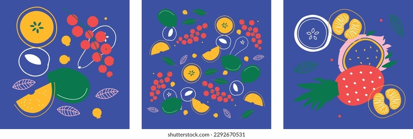 Apetitosa colección de frutas y bayas. Banner horizontal abstracto decorativo con doodles coloridos. Ilustraciones modernas hechas a mano con frutas y bayas, elementos abstractos. Serie abstracta
