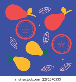 Appetizing fruit and berries collection. Decorative abstract horizontal banner with colorful doodles. Hand-drawn modern illustrations with fruit and berries, abstract elements. Abstract series