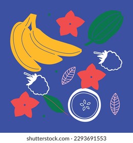 Appetizing fruit and berries collection. Decorative abstract horizontal banner with colorful doodles. Hand-drawn modern illustrations with fruit and berries, abstract elements. Abstract series
