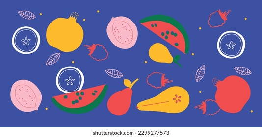 Appetizing fruit and berries collection. Decorative abstract horizontal banner with colorful doodles. Hand-drawn modern illustrations with fruit and berries, abstract elements. Abstract series