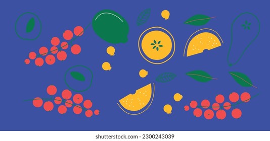 Appetizing fruit and berries collection. Decorative abstract horizontal banner with colorful doodles. Hand-drawn modern illustrations with fruit and berries, abstract elements. Abstract series