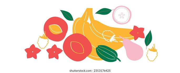 Appetizing fruit and berries collection. Decorative abstract horizontal banner with colorful doodles. Hand-drawn modern illustrations with fruit and berries, abstract elements. Abstract series