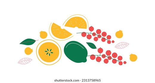 Appetizing fruit and berries collection. Decorative abstract horizontal banner with colorful doodles. Hand-drawn modern illustrations with fruit and berries, abstract elements. Abstract series