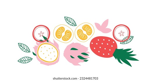 Appetizing fruit and berries collection. Decorative abstract horizontal banner with colorful doodles. Hand-drawn modern illustrations with fruit and berries, abstract elements. Abstract series