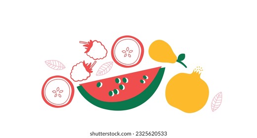 Appetizing fruit and berries collection. Decorative abstract horizontal banner with colorful doodles. Hand-drawn modern illustrations with fruit and berries, abstract elements. Abstract series