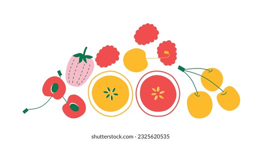 Appetizing fruit and berries collection. Decorative abstract horizontal banner with colorful doodles. Hand-drawn modern illustrations with fruit and berries, abstract elements. Abstract series