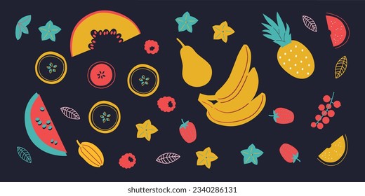 Apetitosa colección de frutas y bayas. Banner horizontal abstracto decorativo con doodles coloridos. Ilustraciones modernas hechas a mano con frutas y bayas, elementos abstractos. Serie abstracta