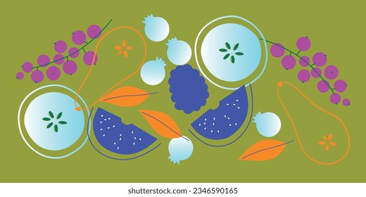Apetitosa colección de frutas y bayas. Banner horizontal abstracto decorativo con doodles coloridos. Frutas y bayas, elementos abstractos