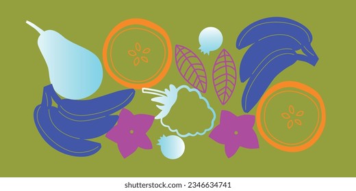 Appetizing fruit and berries collection. Decorative abstract horizontal banner with colorful doodles. Fruit and berries, abstract elements