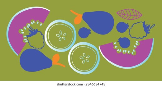 Appetizing fruit and berries collection. Decorative abstract horizontal banner with colorful doodles. Fruit and berries, abstract elements