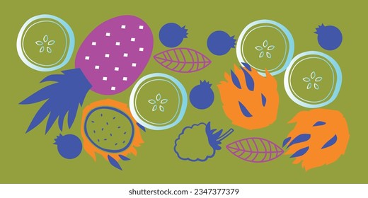  Appetizing fruit and berries collection. Decorative abstract horizontal banner with colorful doodles. Fruit and berries, abstract elements