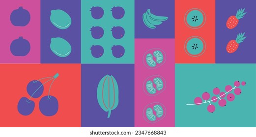 Appetizing fruit and berries collection. Decorative abstract horizontal banner with colorful doodles. Fruit and berries, abstract elements