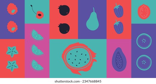 Appetizing fruit and berries collection. Decorative abstract horizontal banner with colorful doodles. Fruit and berries, abstract elements