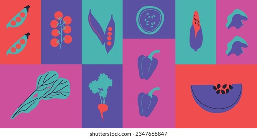 Appetizing fruit and berries collection. Decorative abstract horizontal banner with colorful doodles. Fruit and berries, abstract elements