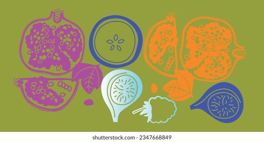 Appetizing fruit and berries collection. Decorative abstract horizontal banner with colorful doodles. Fruit and berries, abstract elements