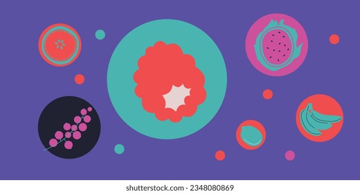 Appetizing fruit and berries collection. Decorative abstract horizontal banner with colorful doodles. Fruit and berries, abstract elements