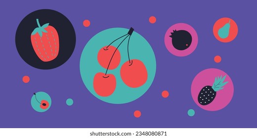 Appetizing fruit and berries collection. Decorative abstract horizontal banner with colorful doodles. Fruit and berries, abstract elements