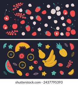 Appetizing fruit and berries collection. Decorative abstract horizontal banner with colorful doodles. Hand-drawn modern illustrations with fruit and berries, abstract elements. Abstract series