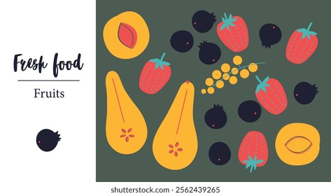 Appetizing fruit and berries collection. Decorative abstract horizontal banner with colorful doodles. Hand-drawn modern illustrations with fruit and berries, abstract elements. Abstract series	
