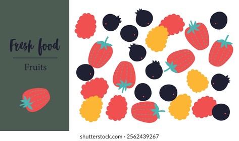 Appetizing fruit and berries collection. Decorative abstract horizontal banner with colorful doodles. Hand-drawn modern illustrations with fruit and berries, abstract elements. Abstract series	
