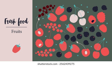 Appetizing fruit and berries collection. Decorative abstract horizontal banner with colorful doodles. Hand-drawn modern illustrations with fruit and berries, abstract elements. Abstract series	
