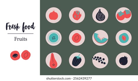 Appetizing fruit and berries collection. Decorative abstract horizontal banner with colorful doodles. Hand-drawn modern illustrations with fruit and berries, abstract elements. Abstract series	
