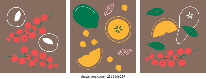 Appetizing fruit and berries collection. Decorative abstract horizontal banner with colorful doodles. Hand-drawn modern illustrations with fruit and berries, abstract elements. Abstract series	
