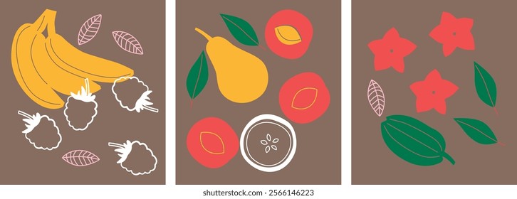 Appetizing fruit and berries collection. Decorative abstract horizontal banner with colorful doodles. Hand-drawn modern illustrations with fruit and berries, abstract elements. Abstract series	
