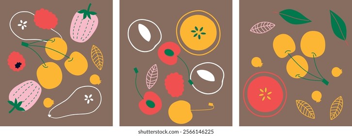 Appetizing fruit and berries collection. Decorative abstract horizontal banner with colorful doodles. Hand-drawn modern illustrations with fruit and berries, abstract elements. Abstract series	
