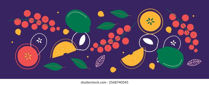 Appetizing fruit and berries collection. Decorative abstract horizontal banner with colorful doodles. Hand-drawn modern illustrations with fruit and berries, abstract elements. Abstract series	
