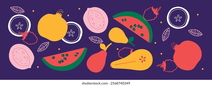 Appetizing fruit and berries collection. Decorative abstract horizontal banner with colorful doodles. Hand-drawn modern illustrations with fruit and berries, abstract elements. Abstract series	
