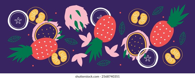 Appetizing fruit and berries collection. Decorative abstract horizontal banner with colorful doodles. Hand-drawn modern illustrations with fruit and berries, abstract elements. Abstract series	
