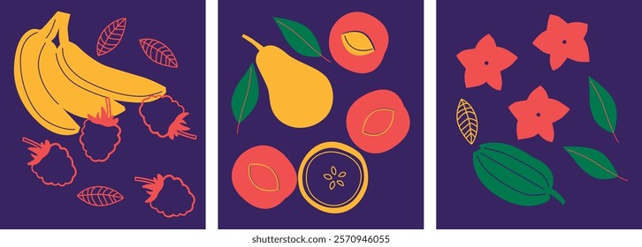 Appetizing fruit and berries collection. Decorative abstract horizontal banner with colorful doodles. Hand-drawn modern illustrations with fruit and berries, abstract elements. Abstract series	
