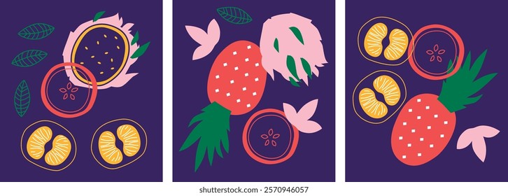 Appetizing fruit and berries collection. Decorative abstract horizontal banner with colorful doodles. Hand-drawn modern illustrations with fruit and berries, abstract elements. Abstract series	
