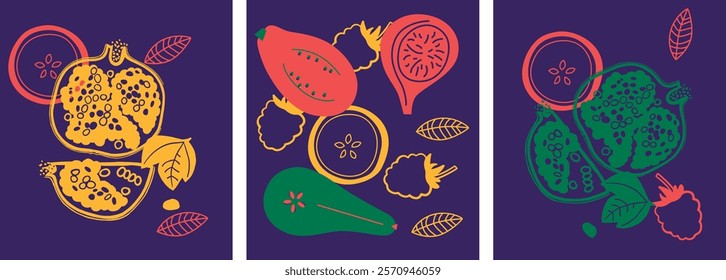 Appetizing fruit and berries collection. Decorative abstract horizontal banner with colorful doodles. Hand-drawn modern illustrations with fruit and berries, abstract elements. Abstract series	
