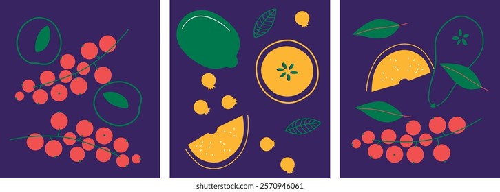 Appetizing fruit and berries collection. Decorative abstract horizontal banner with colorful doodles. Hand-drawn modern illustrations with fruit and berries, abstract elements. Abstract series	
