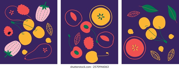 Appetizing fruit and berries collection. Decorative abstract horizontal banner with colorful doodles. Hand-drawn modern illustrations with fruit and berries, abstract elements. Abstract series	
