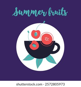 Appetizing fruit and berries collection. Decorative abstract horizontal banner with colorful doodles. Hand-drawn modern illustrations with fruit and berries, abstract elements. Abstract series	
