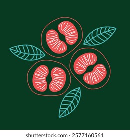 Appetizing fruit and berries collection. Decorative abstract horizontal banner with colorful doodles. Hand-drawn modern illustrations with fruit and berries, abstract elements. Abstract series