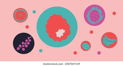 Appetizing fruit and berries collection. Decorative abstract horizontal banner with colorful doodles. Hand-drawn modern illustrations with fruit and berries, abstract elements. Abstract series	
