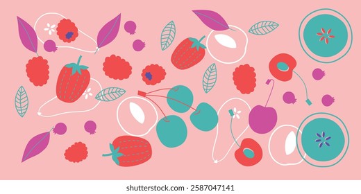 Appetizing fruit and berries collection. Decorative abstract horizontal banner with colorful doodles. Hand-drawn modern illustrations with fruit and berries, abstract elements. Abstract series	
