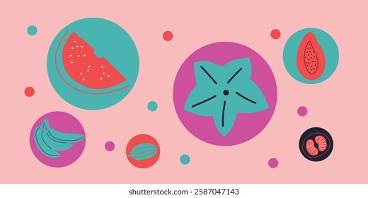 Appetizing fruit and berries collection. Decorative abstract horizontal banner with colorful doodles. Hand-drawn modern illustrations with fruit and berries, abstract elements. Abstract series	
