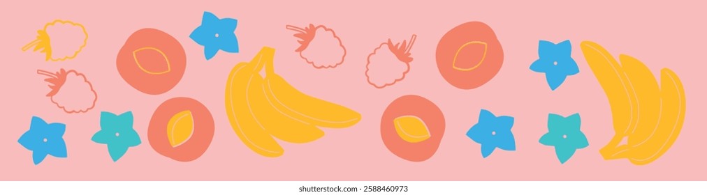 Appetizing fruit and berries collection. Decorative abstract horizontal banner with colorful doodles. Hand-drawn modern illustrations with fruit and berries, abstract elements. Abstract series