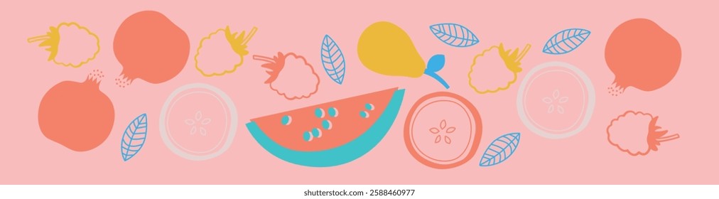 Appetizing fruit and berries collection. Decorative abstract horizontal banner with colorful doodles. Hand-drawn modern illustrations with fruit and berries, abstract elements. Abstract series