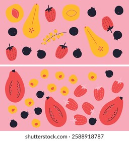 Appetizing fruit and berries collection. Decorative abstract horizontal banner with colorful doodles. Hand-drawn modern illustrations with fruit and berries, abstract elements. Abstract series	
