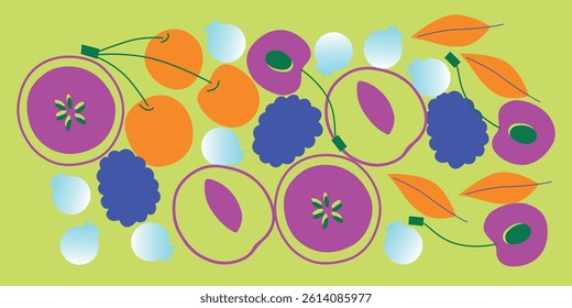 Appetizing fruit and berries collection. Decorative abstract horizontal banner with colorful doodles. Hand-drawn modern illustrations with fruit and berries, abstract elements. Abstract series	
